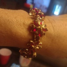 Gold Tone Red Crystal Flower Link Chain Brace...