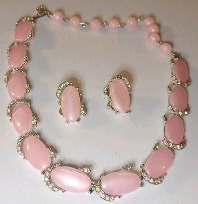 Vintage Signed KRAMER Pink Thermoset Lucite & Rhinestone Necklace & Earring Set
