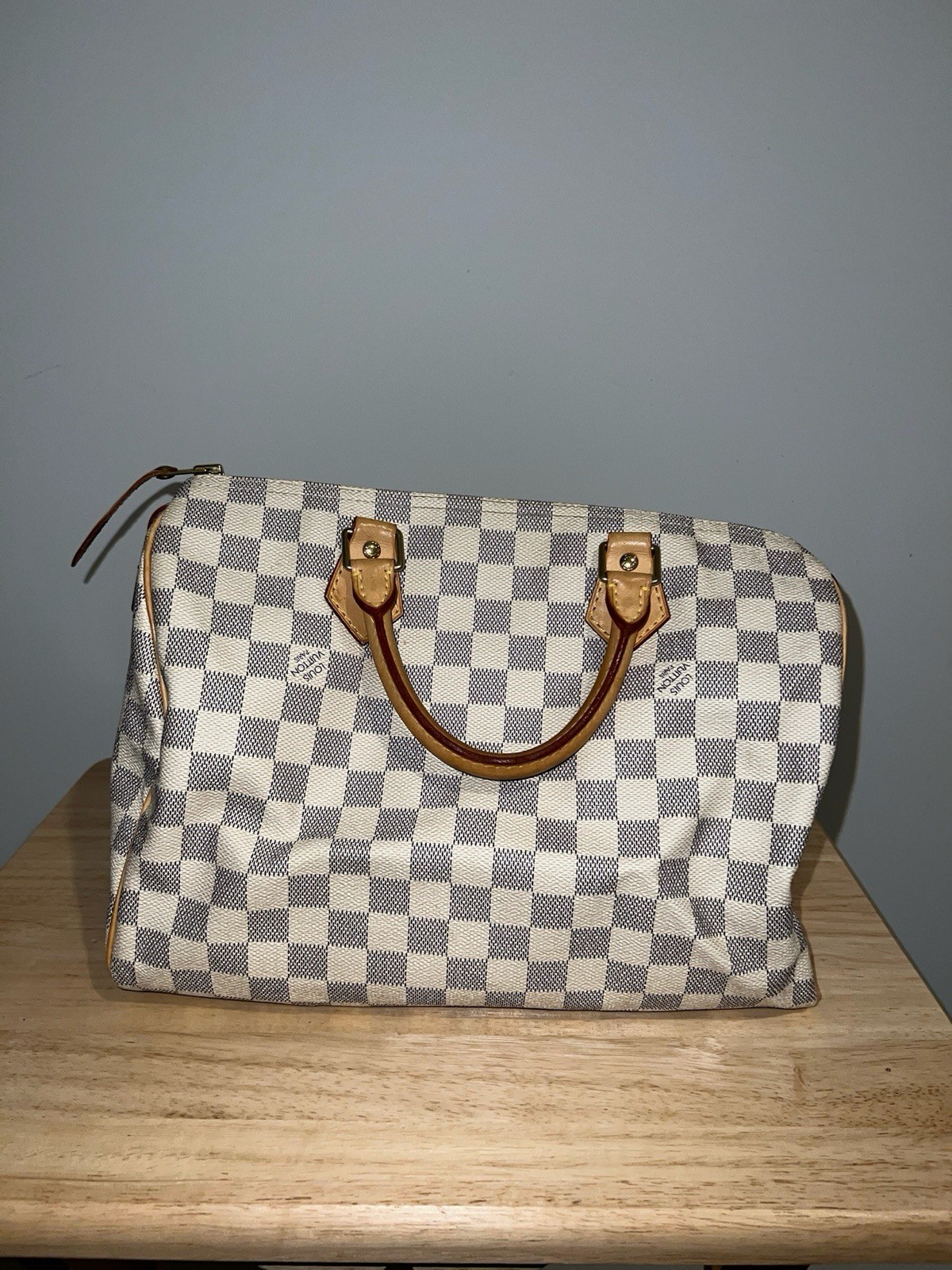 Louis Vuitton Speedy 30 Damier Azur Canvas Satchel Bag Made in USA w/ Lock & Key