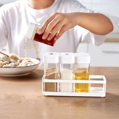 4 Grid Seasoning Box Kitchen Condiment Container 2 Spice Bottles 2 Oil Jars SET