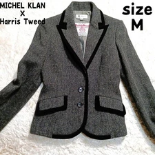 Michel Klein x Harris Tweed Wool Tailored Jacket Brown Velvet Trimming Lined 38
