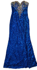 La Femme Maxi Formal Size 8 Strapless Blue Gold Sequin Beads Zip Prom Homecoming