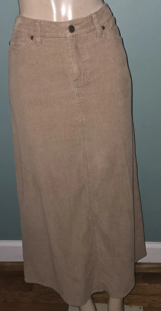 Eddie Bauer Tan Corduroy Long Skirt Back Slit Size 10-12 (Read)