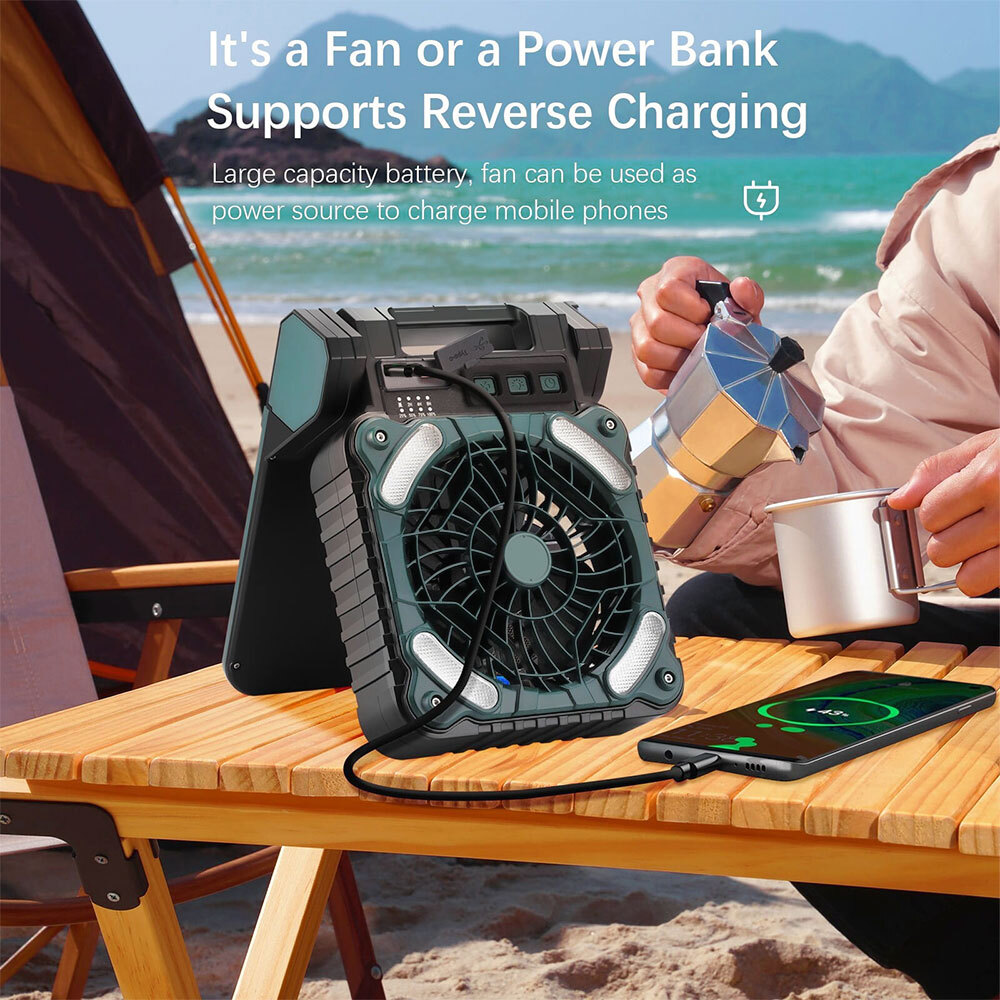 Portable Solar Powered Camping Fan USB Rechargeable Variable Speed w/ LED  Light