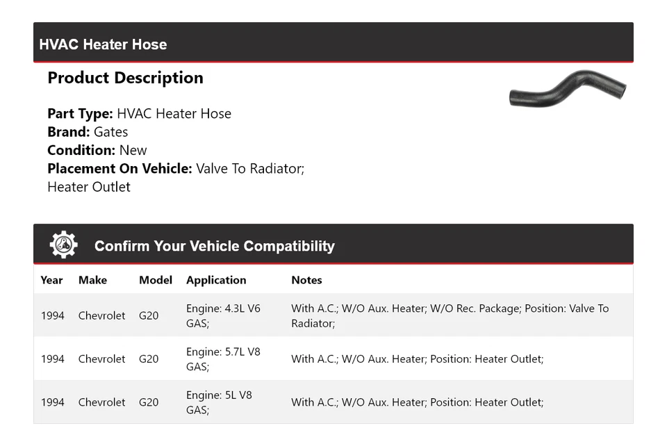 Puertas de manguera de calefacción de climatización para Chevrolet G20 1994 Foto 2 de 4
