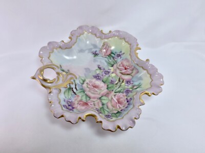 Vintage Hand Painted Roses Dish Gold Edging Artist Signed Neva 1963