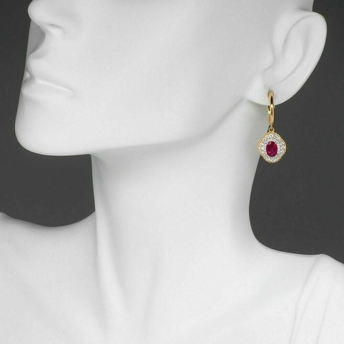 4Ct Simulated Red Ruby Diamond Dangle Earrings 14k Yellow Gold Plated Silver - Picture 5 of 5