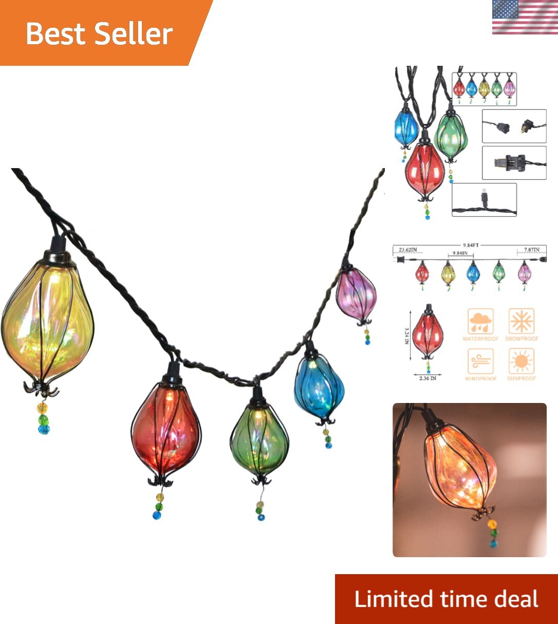 Multicolor Fairy String Lights with 10 Bulbs Connectable Waterproof Decorativ...