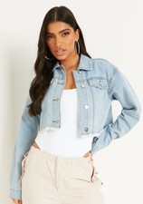 Women's Bianca Blue Light Wash Distressed Hem Crop Denim Jacket