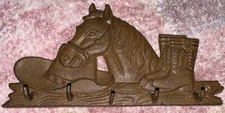 Cast Iron Horse Western Cowboy Hat Boots Wall Mount Key Belt Rack 8.5" 5 Hooks