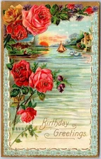 Birthday Greetings, 1909 Roses, Lakeside Scene, and Sunset, Vintage Postcard