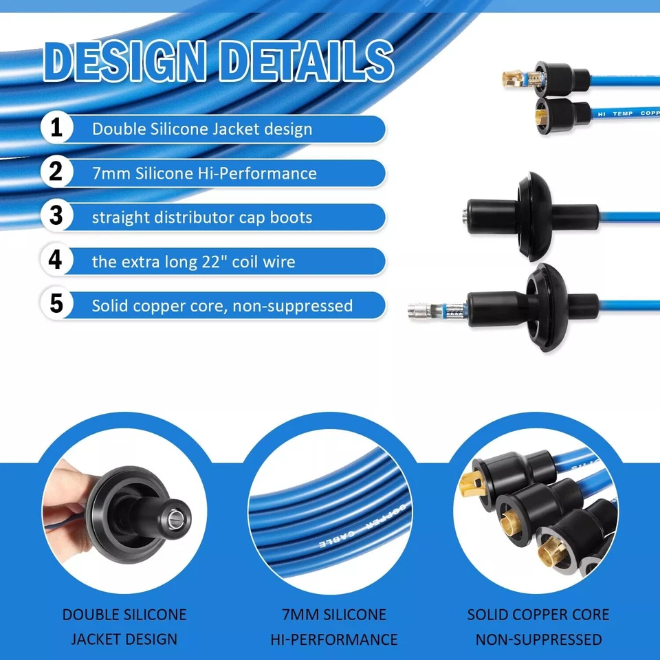 Juego de cables de bujía de encendido azul de 7 mm 00-9407-0 para VW Bug, Beetle, Karmann Ghia Foto 3 de 4