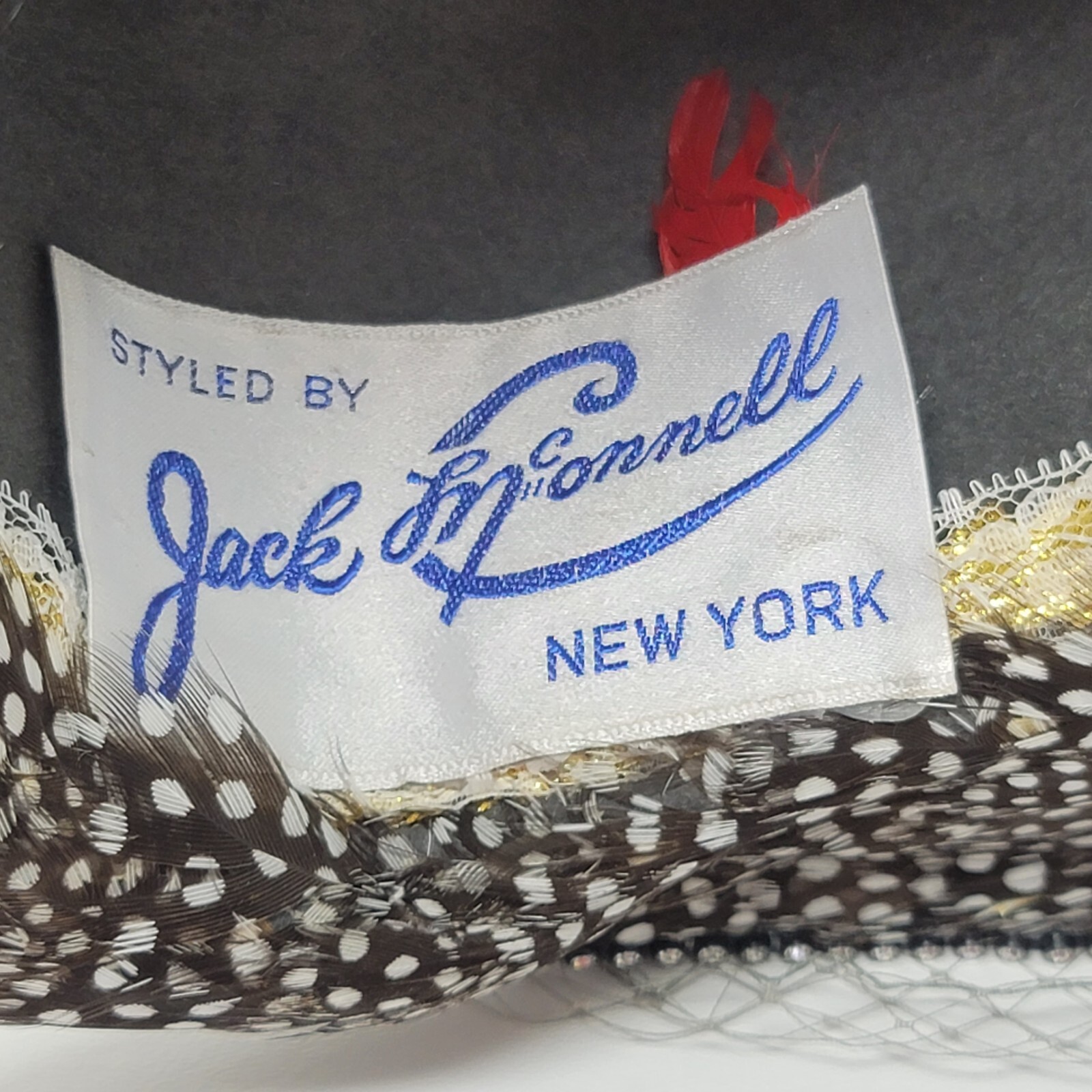 Vintage Jack McConnell Women’s Hat Gray Feathers Rhinestone Veil Red Feather image 7