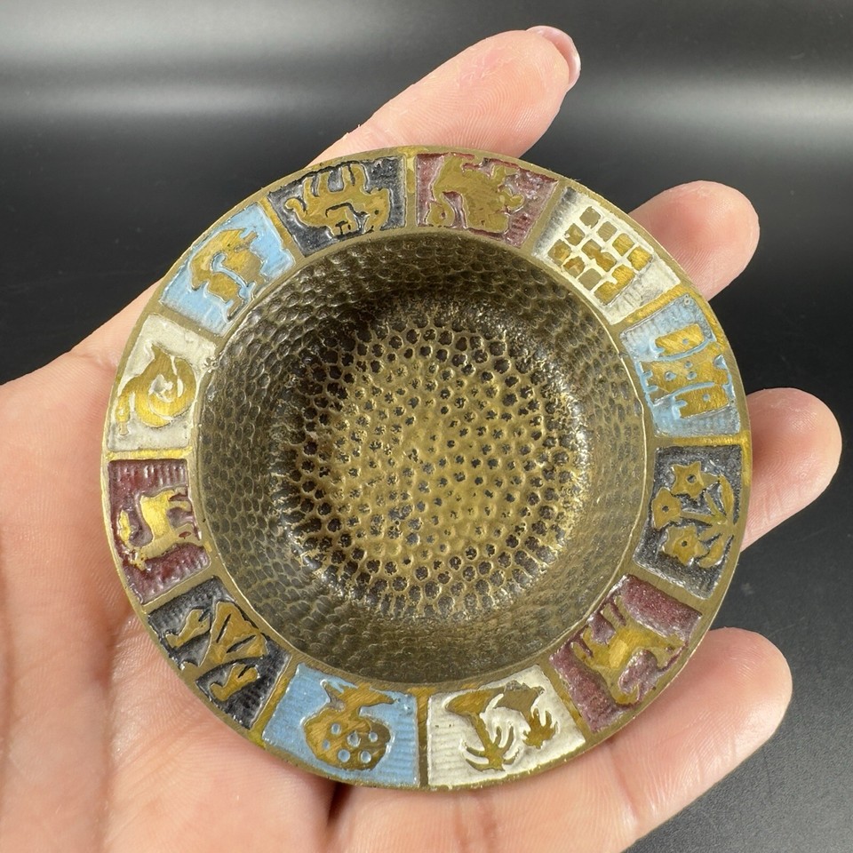 Antique Metal Round Dish Small Ashtray Plate Hand Painted Marked On