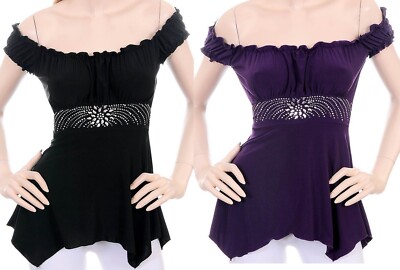 Purple Off Shoulder Rhinestone Stud Empire Waist Cap Sleeve Babydoll Blouse Top