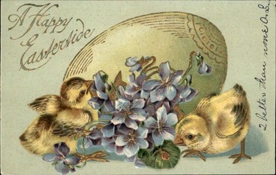 Easter Chicks with Violet Bouquet Animals Embossed c1900s-10s Vintage Postcard