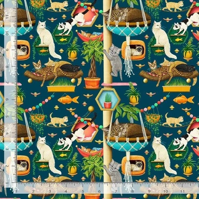 Feline Drive Fabric FELINE FANATIC Cat Trees Navy - Fat Quarter (18"x22") FQ - Image 1 of 4