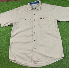 Vintage Carhartt Work Shirt LG Khaki Button Down Workwear Pocket Leather Patch