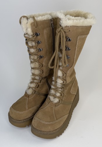 Vintage Report Tan Suede Leather Boots SZ 8 Chunky Platform Lace Up Faux Fur Y2K