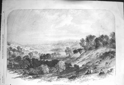 Original alter antiker Druck 1856 Ansicht Hampstead Heath Town Bäume Fine Art 19.