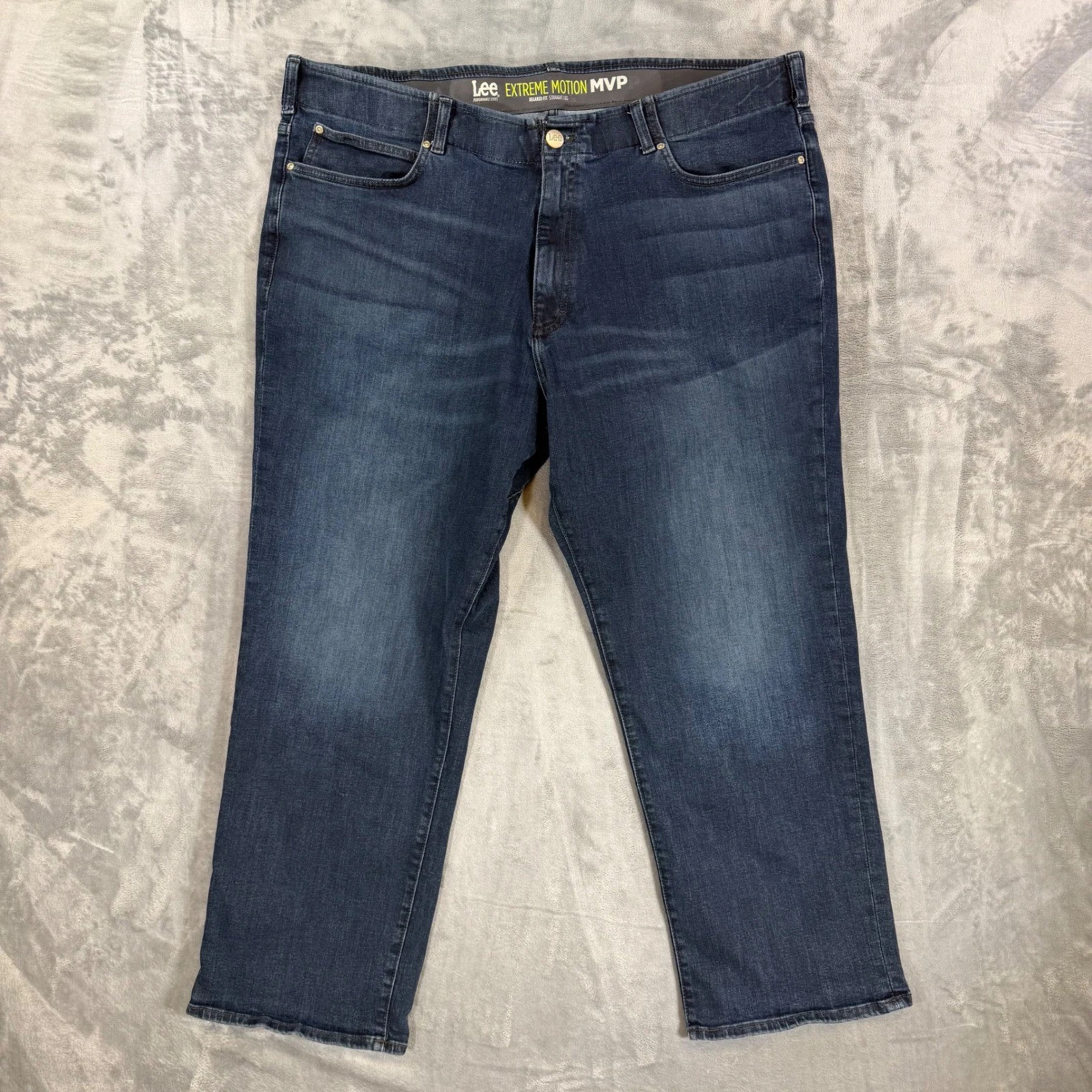 Lee Extreme Motion MVP Relaxed Fit Straight Leg Jeans Mens 48x30 Dark Blue Denim