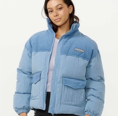 Rip Curl High Tide Puffer Coat Jacket Sz Medium Blue Corduroy Surfer Beach NWT
