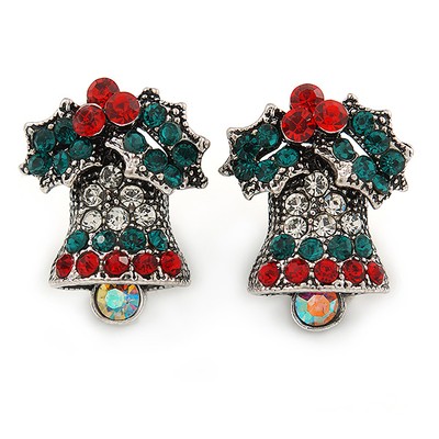 Vintage Inspired Christmas 'Jingle Bells' Crystal Stud Earrings In Aged Silver
