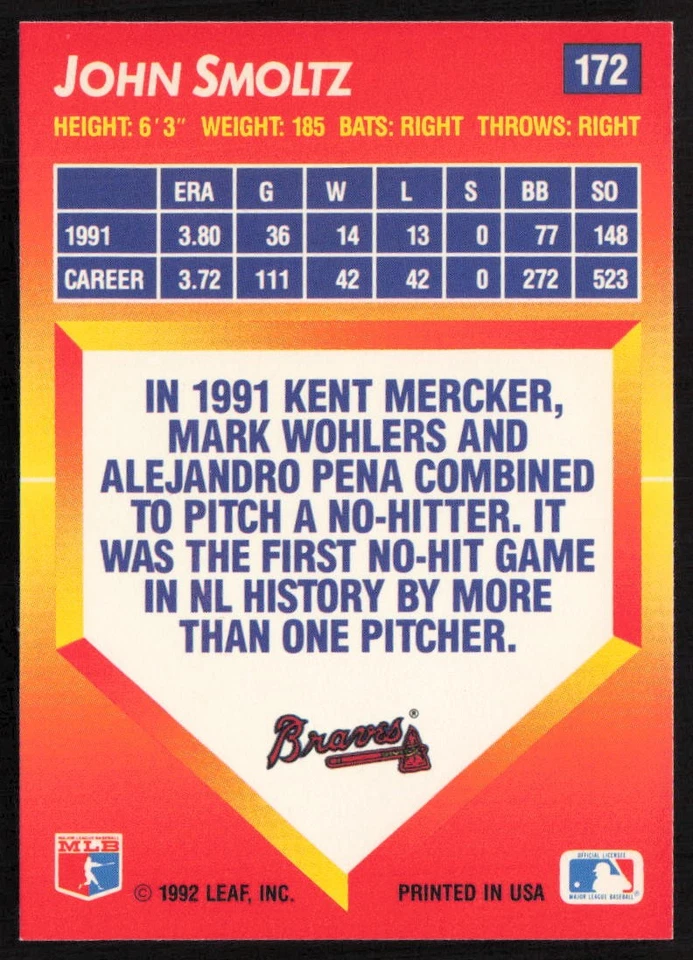 1992 Triple Play John Smoltz #172 Atlanta Braves - Image 2 of 2