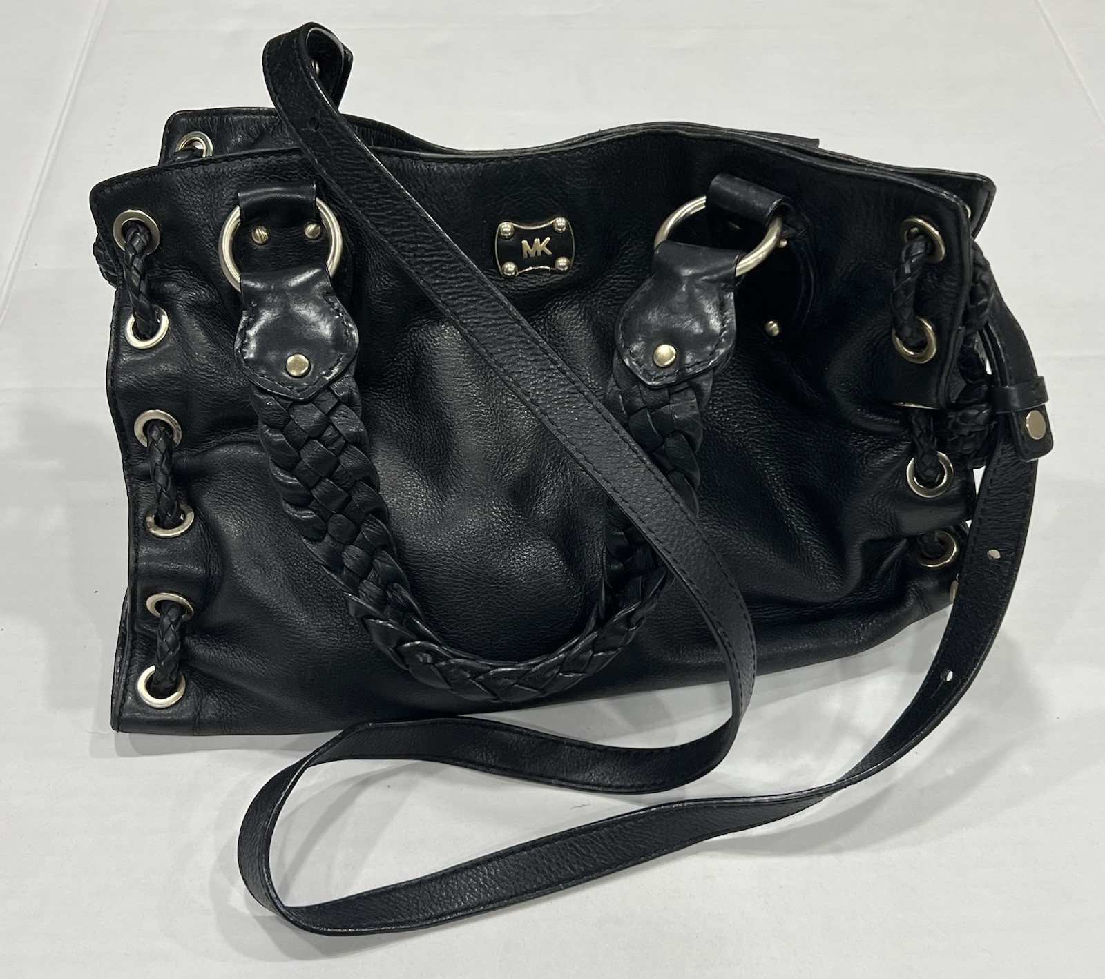 VTG Michael Kors Shoulder Hobo Satchel Tote Handbag Black Leather Woven thumbnail 10