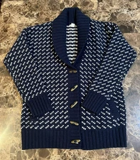 LL Bean Womens Size S Ragg Wool Birds Eye Knit Caridgan Sweater Navy Blue