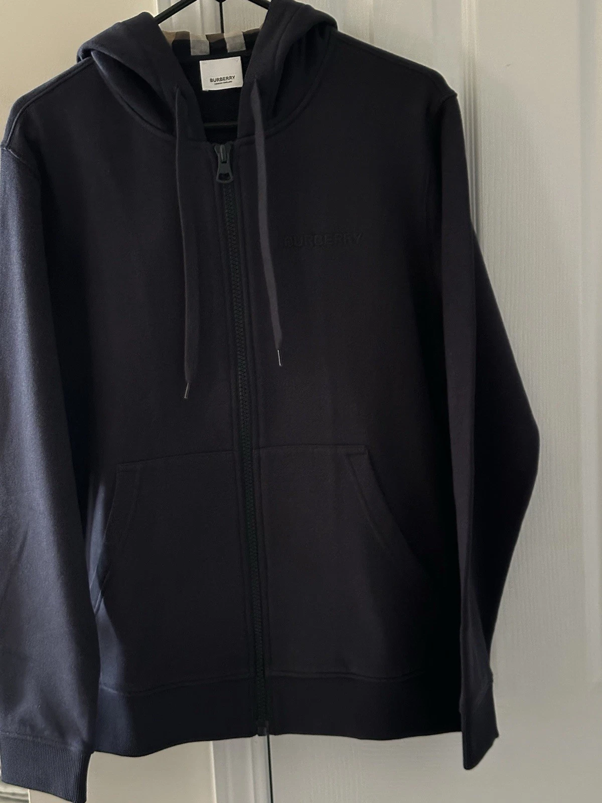 BURBERRY FELPA CON CAPPUCCIO ZIP BLU NAVY LOGO RICAMATO HOVE CHECK AUTENTICA NUOVA con ETICHETTE