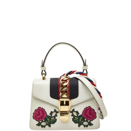 Gucci Sylvie Shelley Line Rose Applique Mini Handbag Shoulder Bag 2WAY 470270 Wh