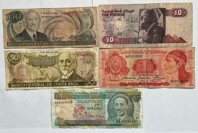 1992 & 1993 Costa Rica, Egypt, Honduras, and Barbados Paper Money.