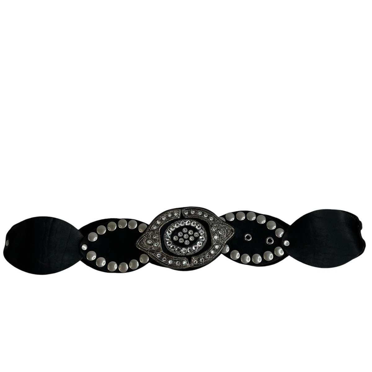 Leather Studded Belt Large 38 Bling Buckle Conch Style Black Silver Southwestern Leather Studded Belt Large 38 Bling Buckle Conch Style Black  main image 2