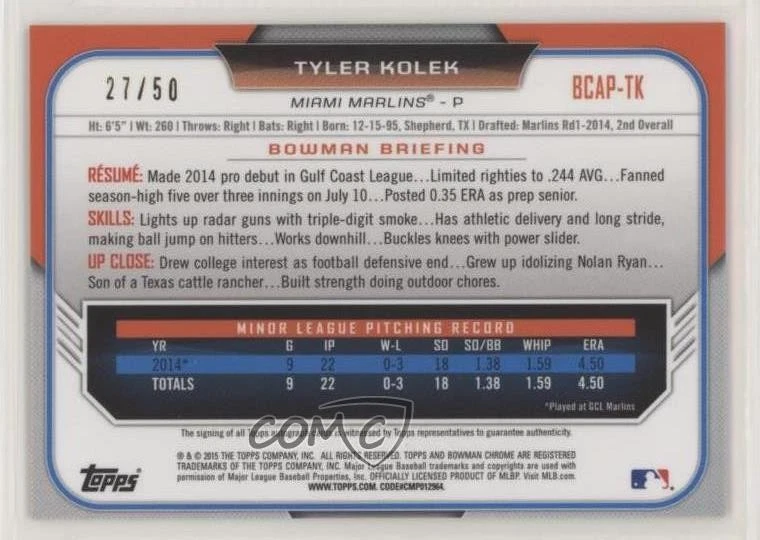 2015 Bowman Chrome Prospects Auto Gold Refractor /50 Tyler Kolek #BCAP-TK Auto - Image 2 of 2