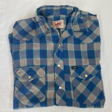 Vtg Lee Snap Button Western Wear Shirt Blue Checked USA Made Extra Long Tails