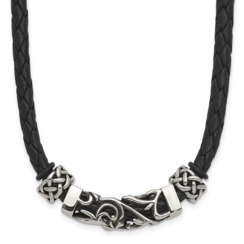 Stainless Steel Black Leather with Antiqued Beads Necklace 19.75
