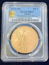 2010-MO Mexico Bicentenary 200 Pesos Gold Rare Bicentenario 37.5g KM-932 MS67