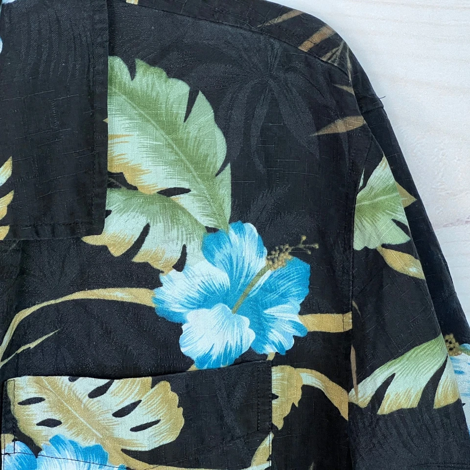 Trader Bay Shirt Mens XL Black Hibiscus Floral Print Button Up Washable Silk - Image 3 of 4