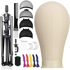 23 Inch Canvas Block Wig Head with 47 Inch Tripod Stand Wig Display Set