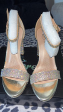 Forever Women  s Gold Rhinestone Ankle Strap Open Toe Block Heel Buckle