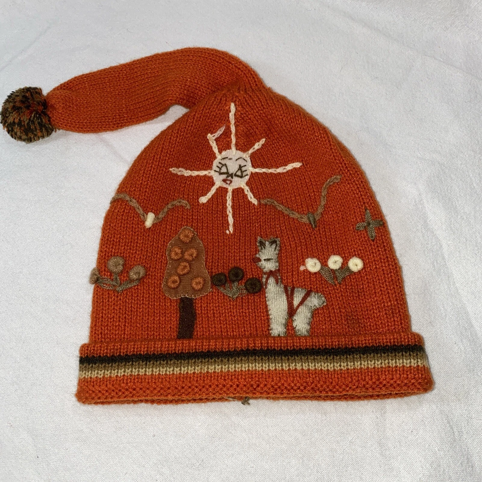 GIRLS HAND KNIT & Embroidered Orange Hat W/flowers, Trees, Sheep, Lama, Sun, Etc