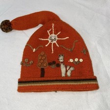 GIRLS HAND KNIT  Embroidered Orange Hat W/flowers, Trees, Sheep, Lama, Sun, Etc