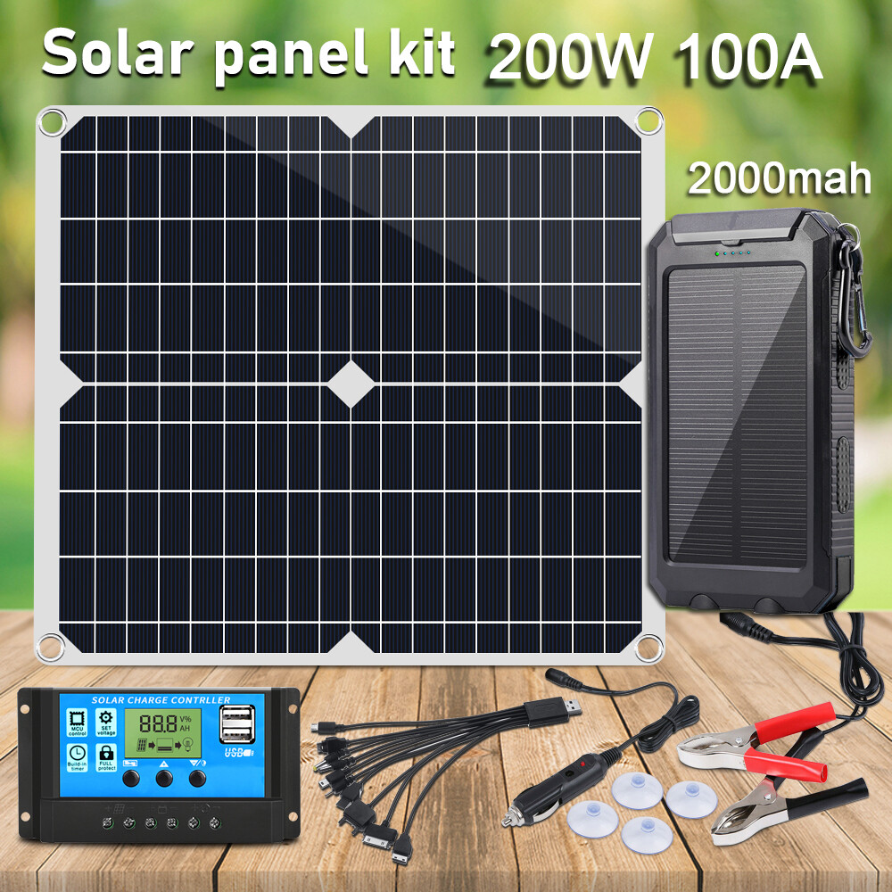 Portable 20000mAh 200W Solar Panel Kit USB Solar Power Bank Battery Charger  Set