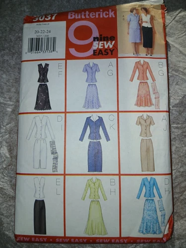 Butterick 3037 Sew Easy Misses 20 22 24 CUT Top Skirt Scarf 9 Ways Sew Pattern