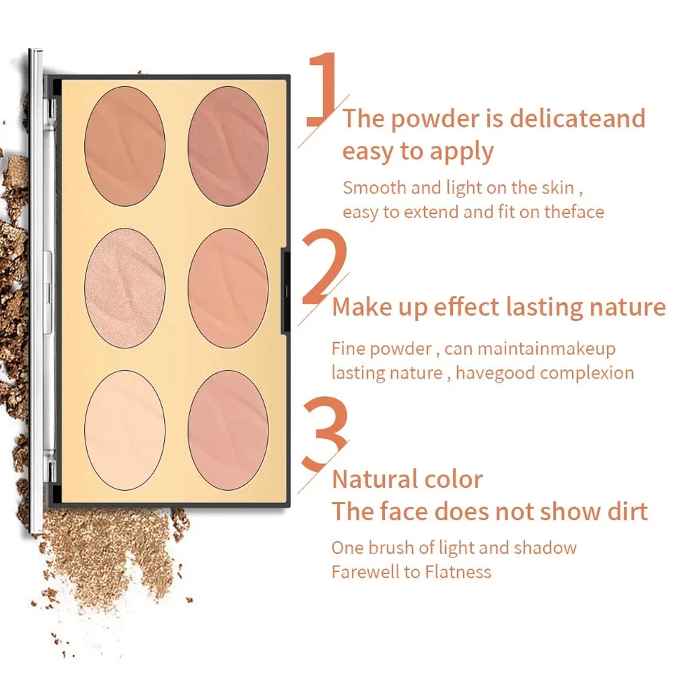 6 Color Face Contour Bronzer Shimmer Highlight 3D Brighten Shadow Powder Palette - Image 4 of 4