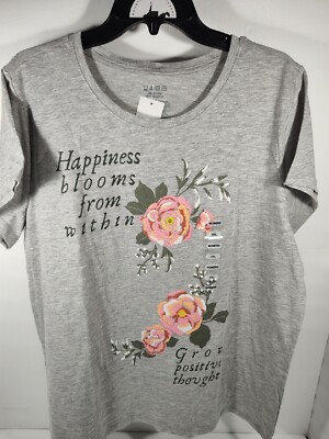 Grow Positive Thoughts Happiness Blooms From Within Women's XXL Gray T-Shirt NWT