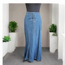 Vtg Y2k Denim Flare Maxi Skirt Sz 10 Lace Up Peasant Renaissance Boho Festival