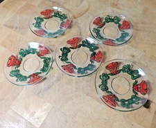 5 Glass Christmas Bobeches Bells Ribbon Wax Catchers Vintage