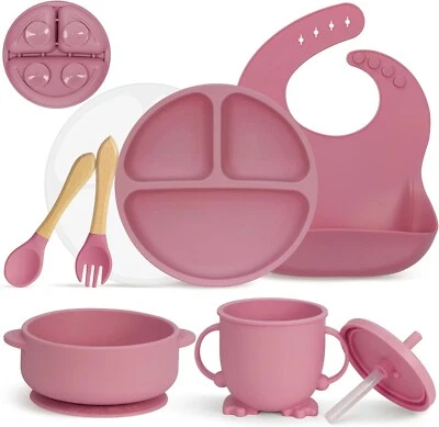 Geschirrset Baby 7-teilig mit Saugnapf Rutschfest Silikon Kind Rosa Geschirr - Bild 1 von 4